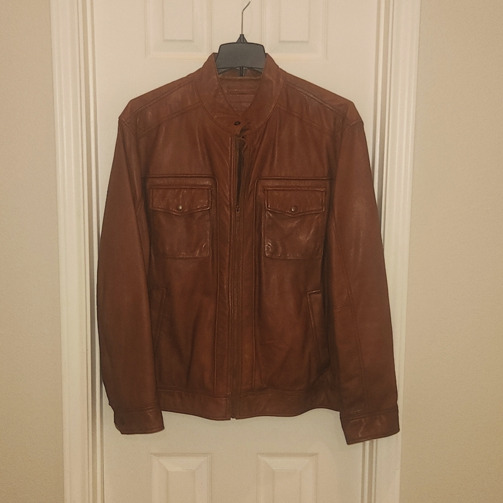 Roundtree & Yorke Cognac genuine Lambskin leather motorcycle jacket (size XL)